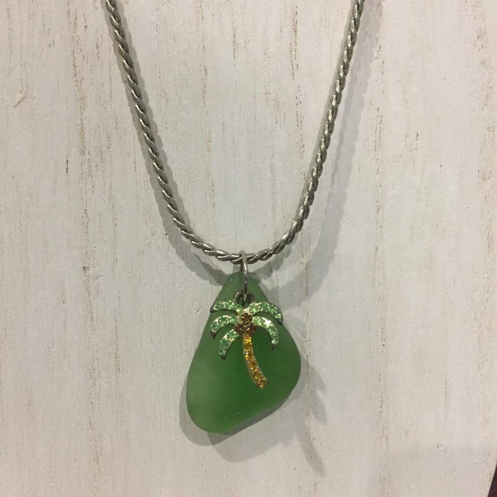 Emerald Green Sea Glass Pendant with Palm Tree